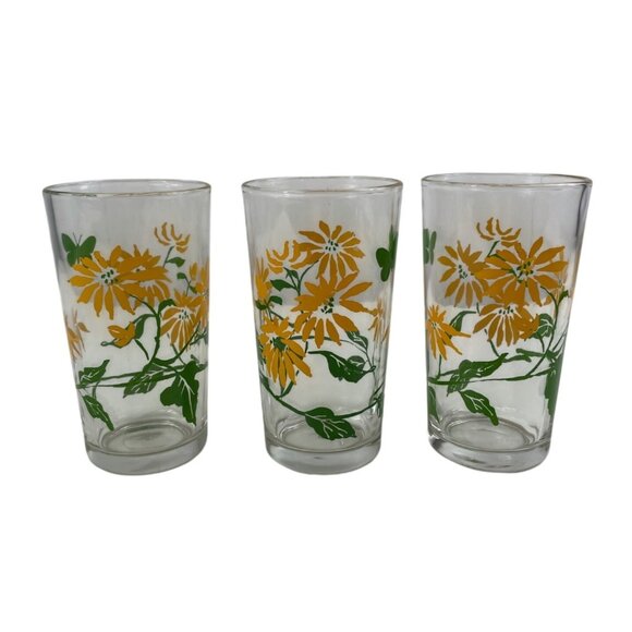 Set Of 3 Vintage Floral Drinking Glasses Yellow Daisy & Butterfly Design - Picture 1 of 8